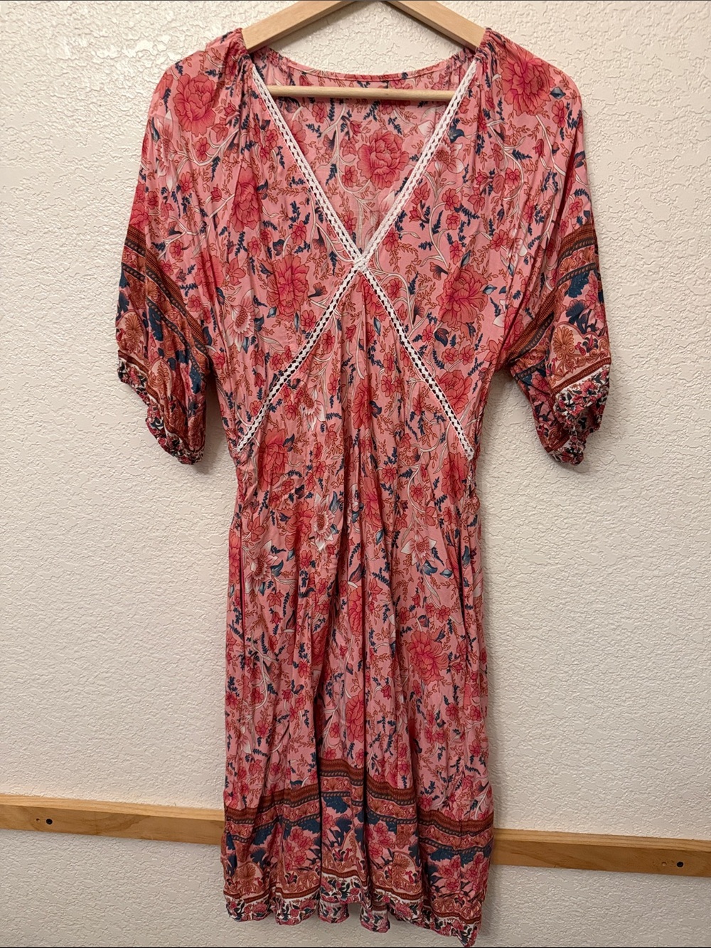 Floral Pink Boho Midi Dress with Lace Trim